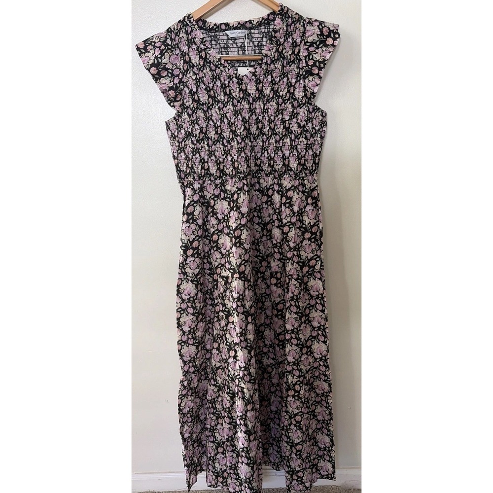 New Pretty Garden Black Floral Long Dress V-Neck Short Sleeve Ruffle Size XL